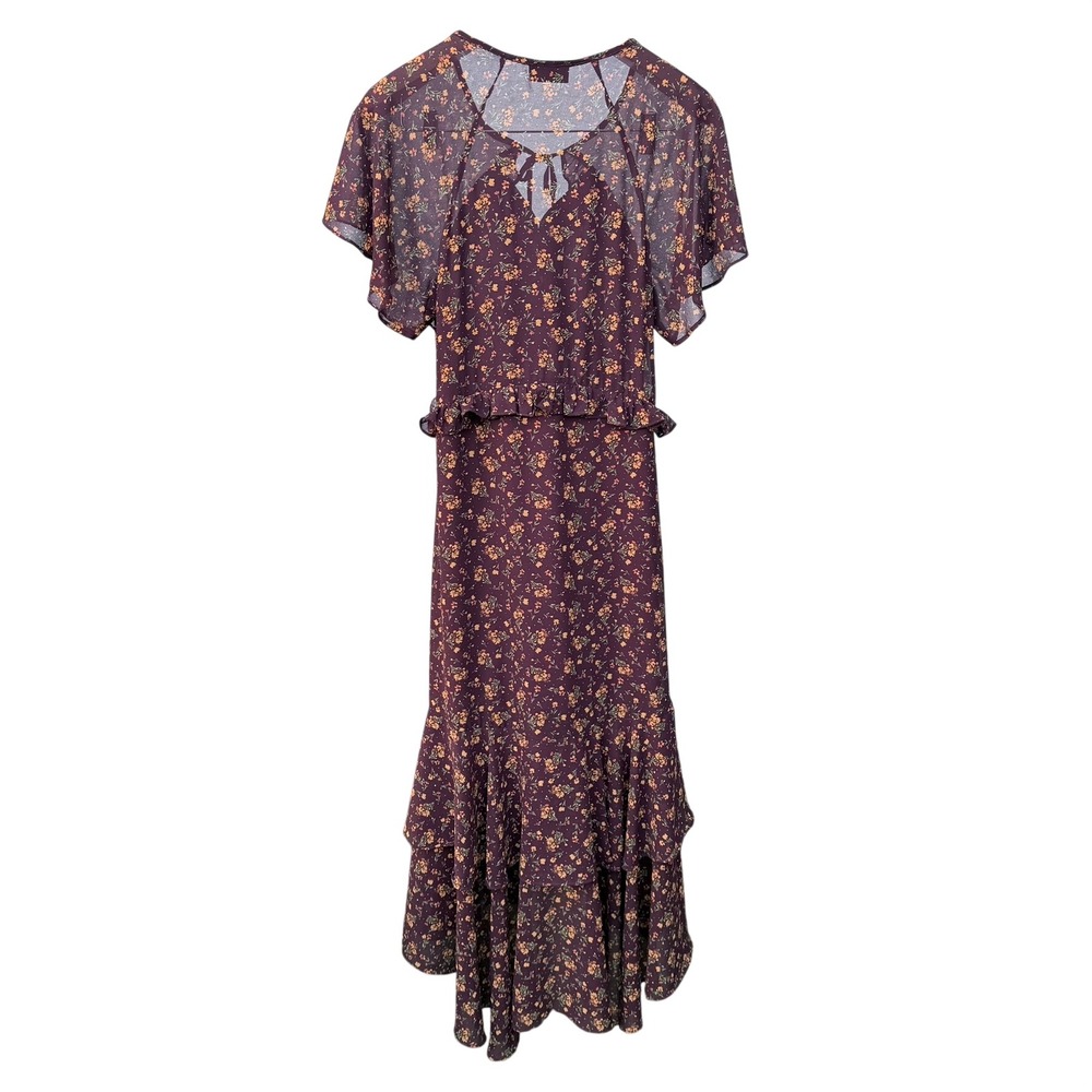VICI Floral Midi Dress Womens XS Burgundy Ruffle Tiered Flutter Sleeve Wedding